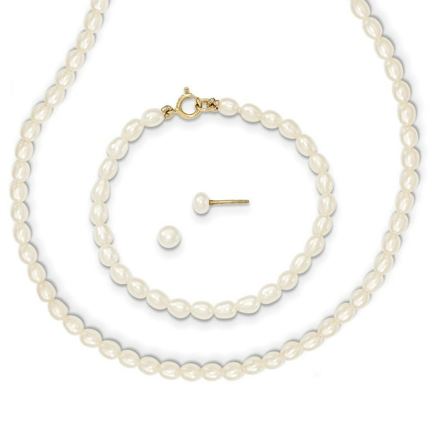 Solid 14k Yellow Gold White FW Cultured Pearl 12 Necklace 4 Bracelet & Earring Set Solid 14k Yellow Gold White FW Cultured Pearl 12 Necklace 4 Bracelet & Earring Set